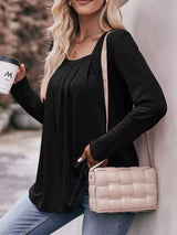 Pleated Square Neck Long Sleeve T-Shirt - Trendsi - Flyclothing LLC