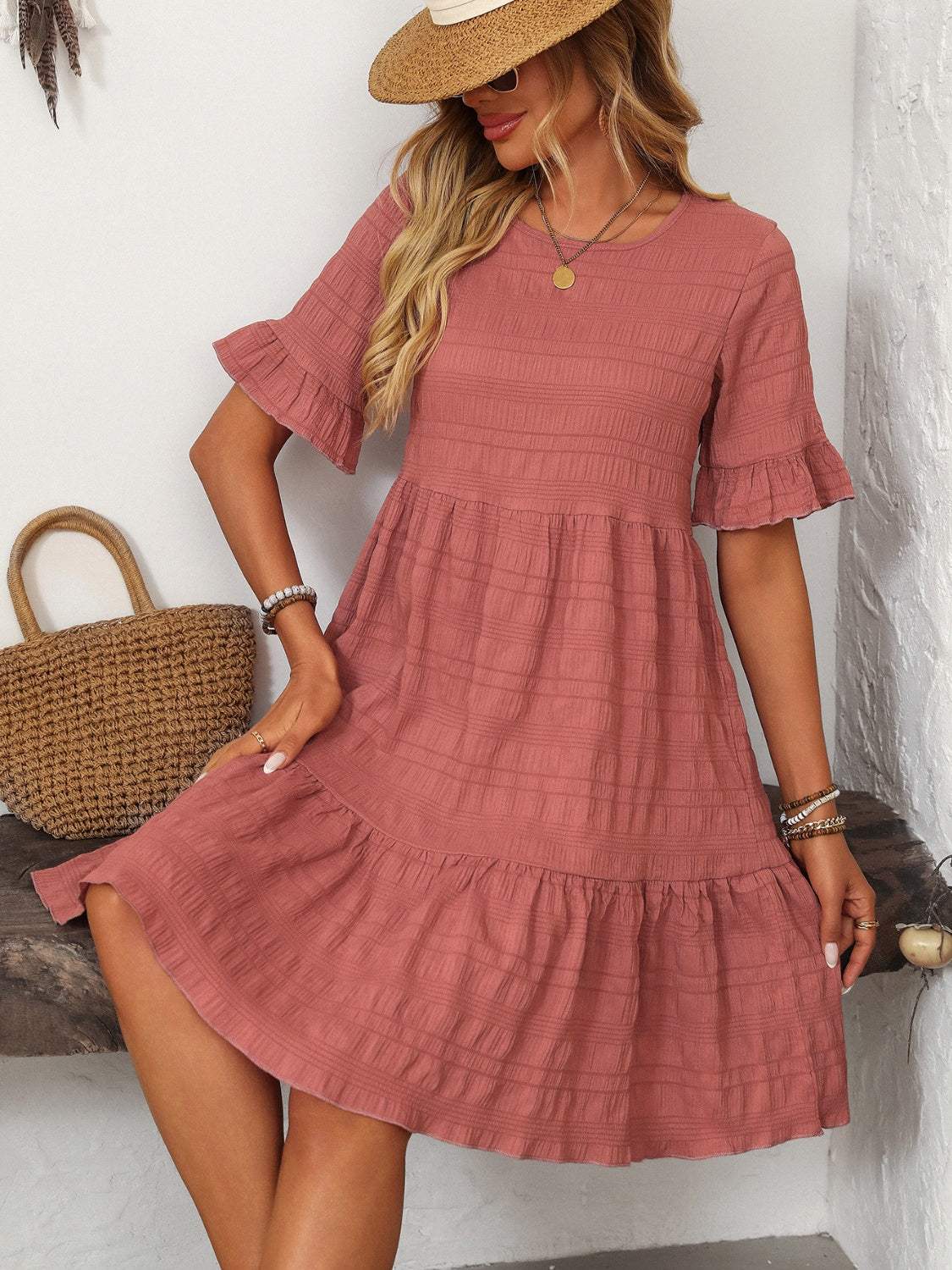 Mandy Ruffled Ruched Round Neck Half Sleeve Dress - Trendsi - Flyclothing LLC