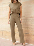 Casual Solid Color Cap Sleeve Top and Pants Knit Set - Trendsi - Flyclothing LLC