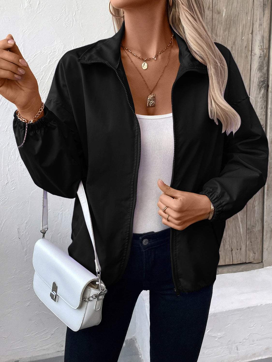 Pocketed Zip Up Long Sleeve Jacket - Trendsi - Flyclothing LLC
