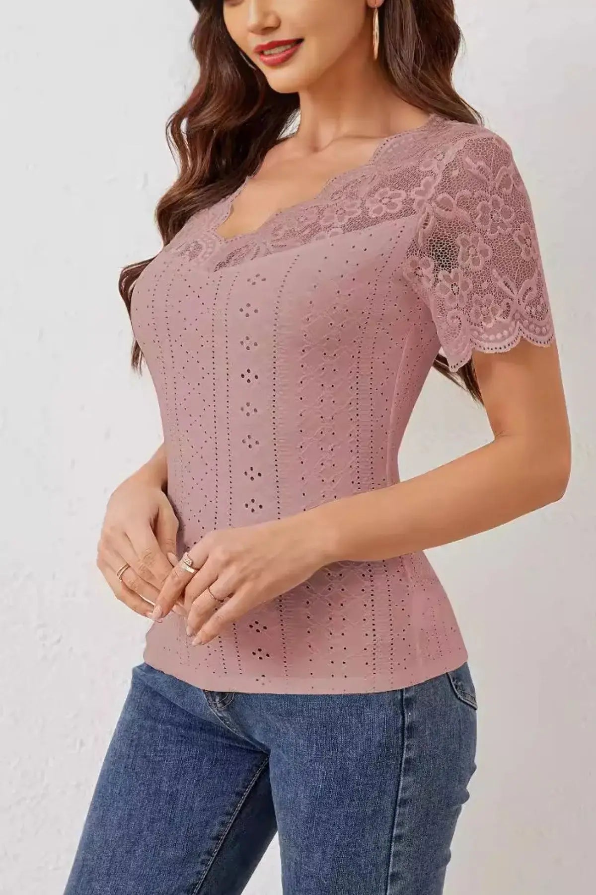 Lace Trim Eyelet Embroidered Summer T-Shirt - Trendsi - Flyclothing LLC