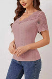 Lace Trim Eyelet Embroidered Summer T-Shirt - Trendsi - Flyclothing LLC