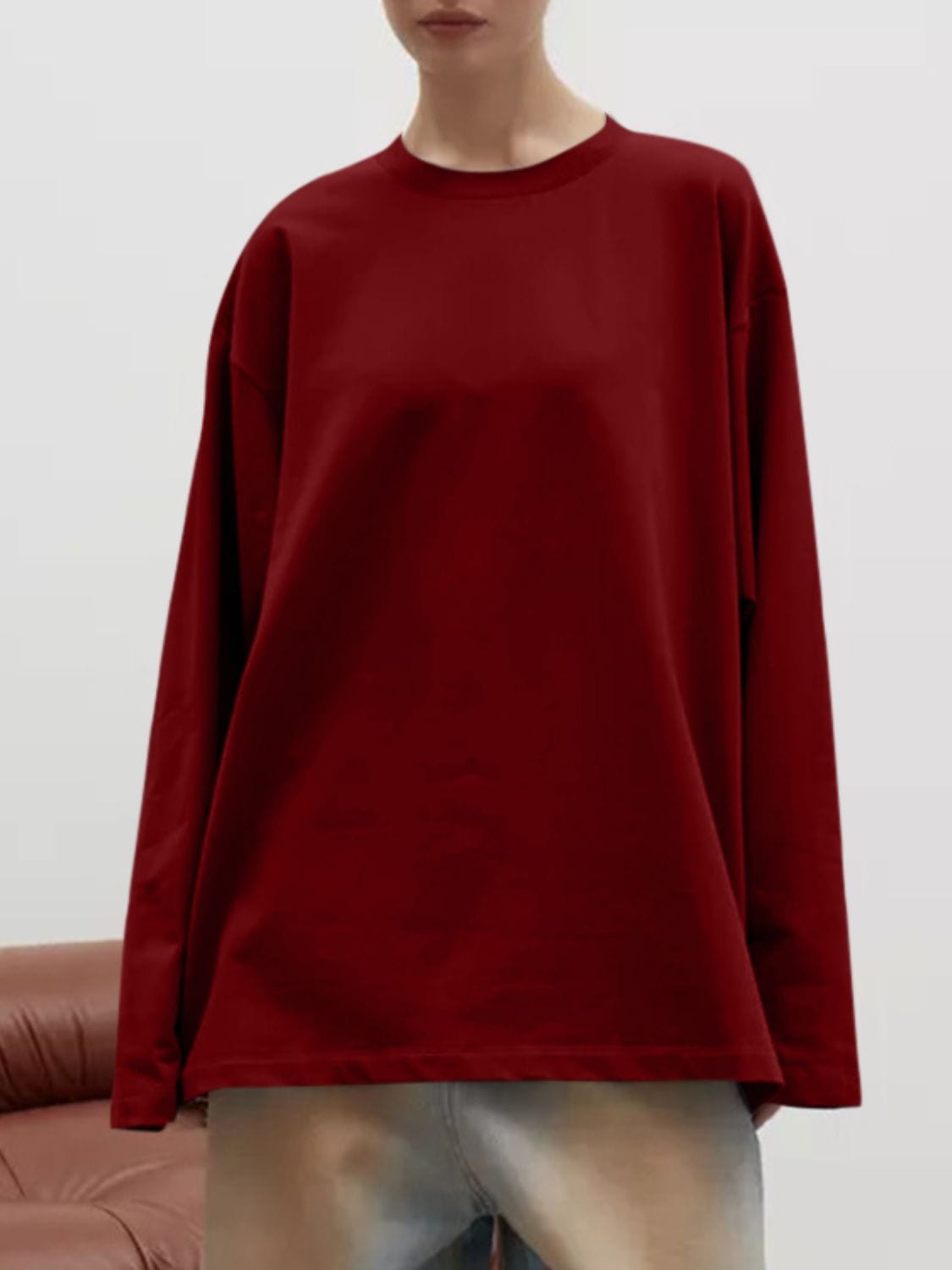 Round Neck Dropped Shoulder Long Sleeve T-Shirt - Trendsi