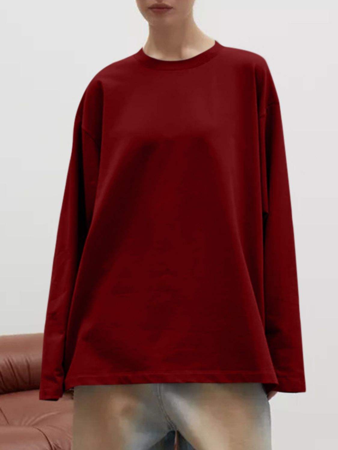 Round Neck Dropped Shoulder Long Sleeve T-Shirt - Trendsi - Flyclothing LLC