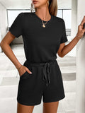 Tied Round Neck Short Sleeve Romper - Trendsi - Flyclothing LLC