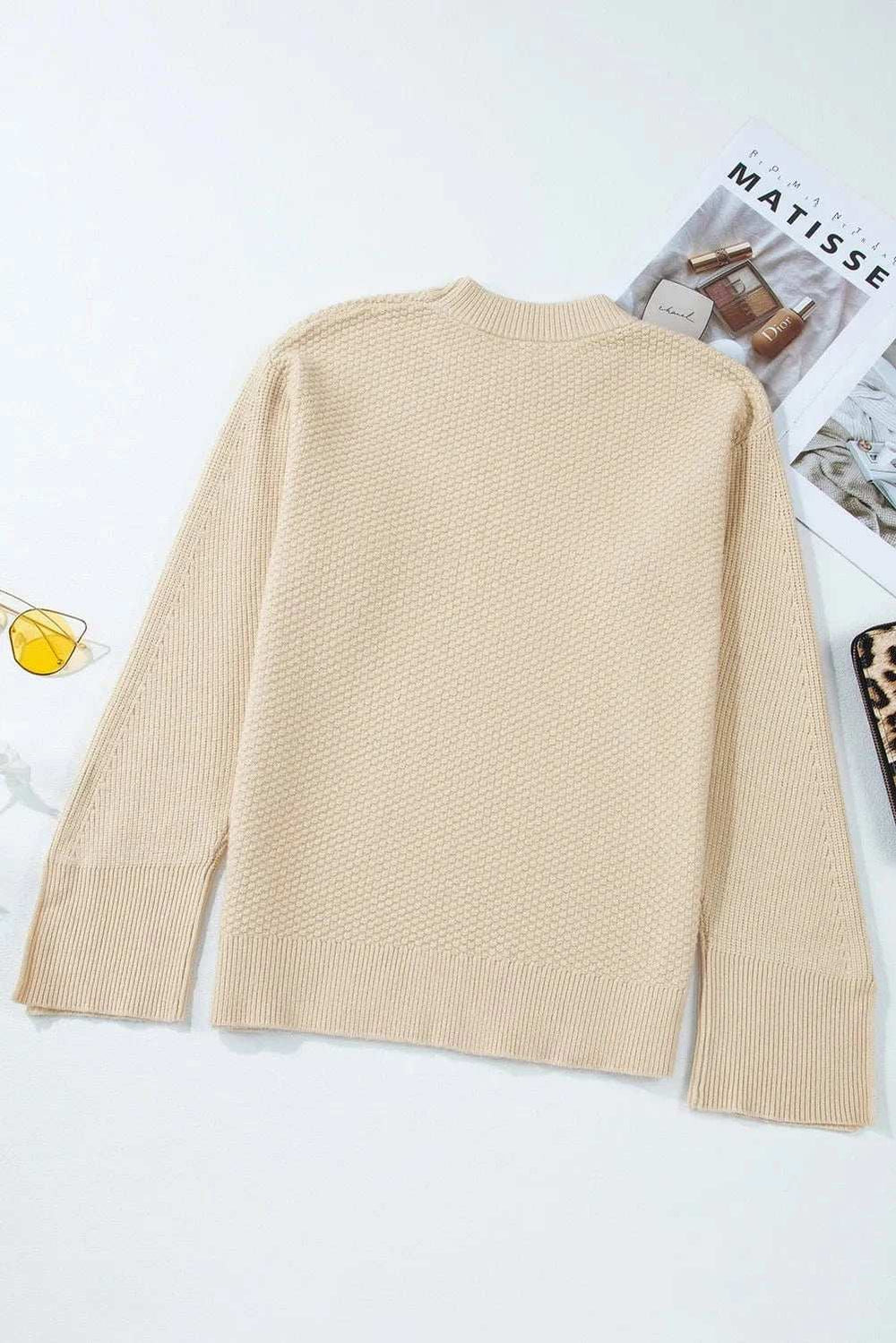 Textured Round Neck Long Sleeve Sweater - Trendsi - Flyclothing LLC