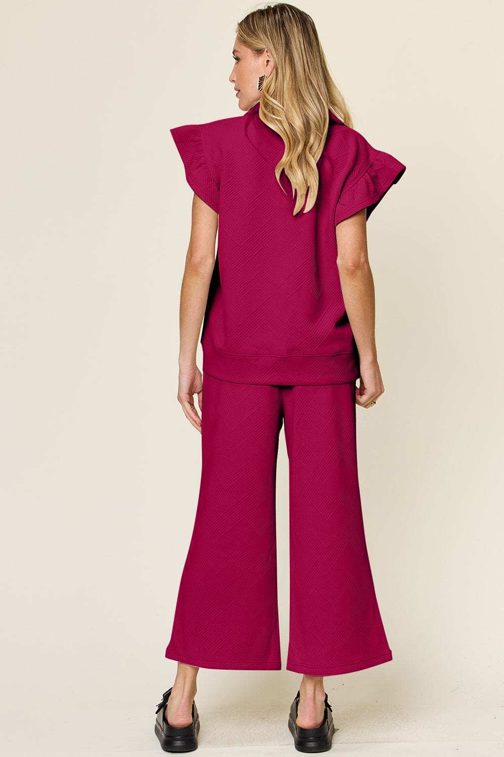 Double Take Texture Ruffle Short Sleeve Top and Drawstring Wide Leg Pants Set - Trendsi - Flyclothing LLC