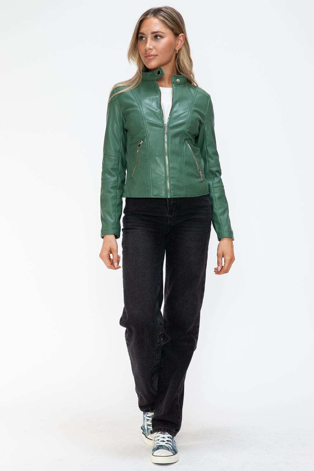 Snobbish Faux Leather Zip Up Drawstring Hooded Jacket - Trendsi - Flyclothing LLC