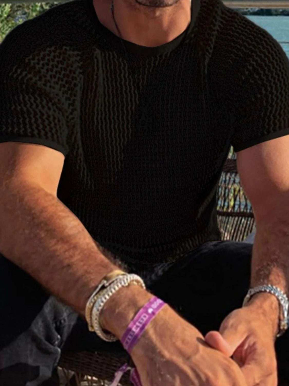 Men's Openwork Round Neck Short Sleeve T-Shirt - Trendsi - Flyclothing LLC