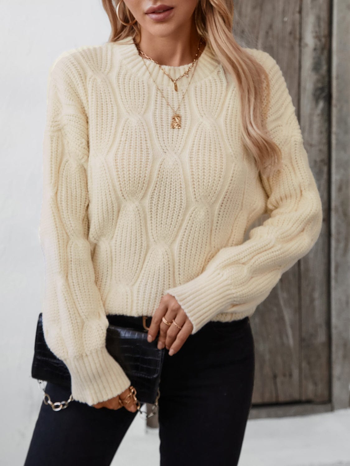 Round Neck Dropped Shoulder Sweater - Trendsi