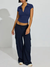 Collared Neck Short Sleeve Top - Trendsi - Flyclothing LLC