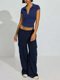 Collared Neck Short Sleeve Top - Trendsi - Flyclothing LLC
