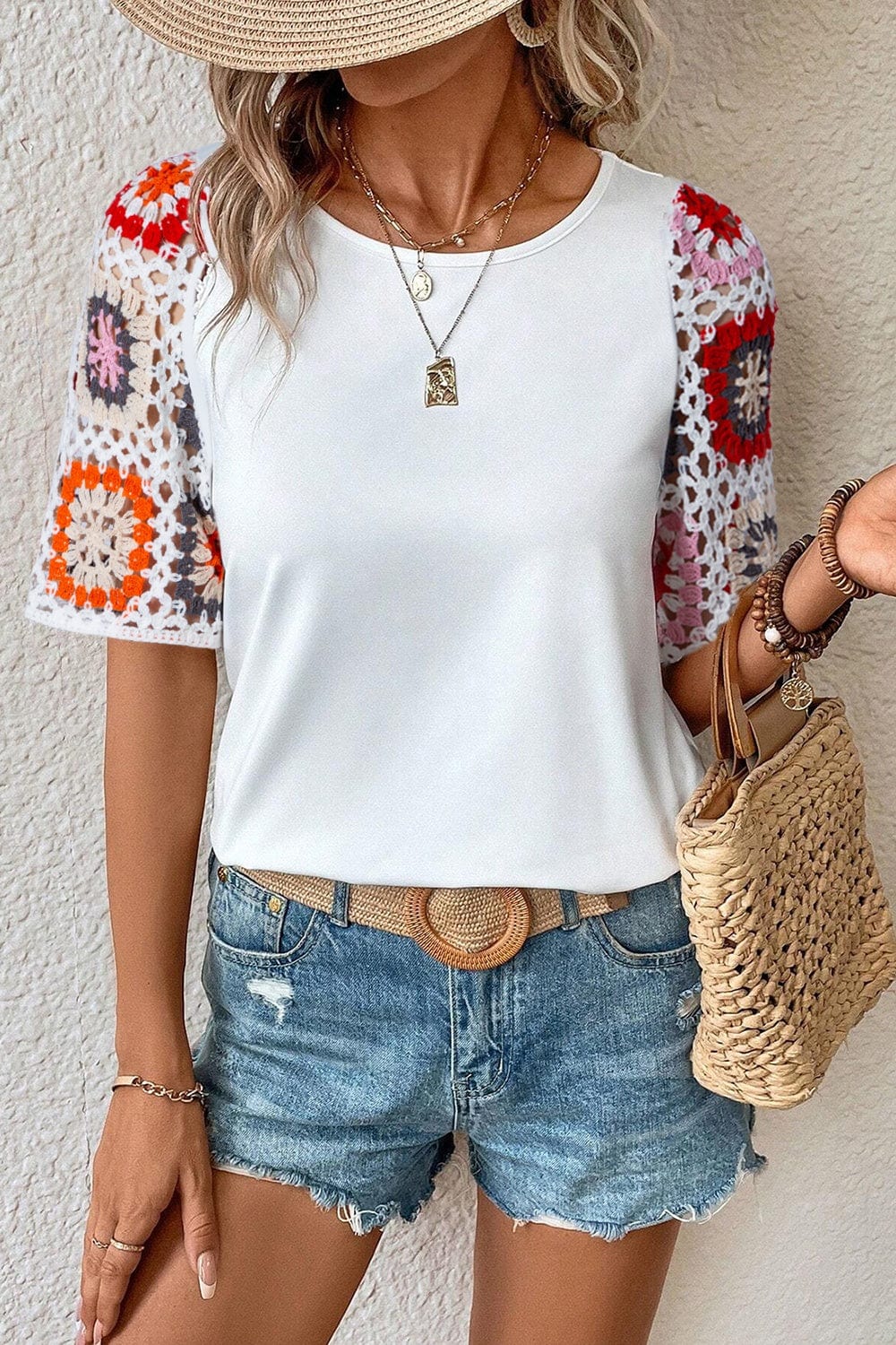 Geometric Round Neck Short Sleeve Blouse - Trendsi