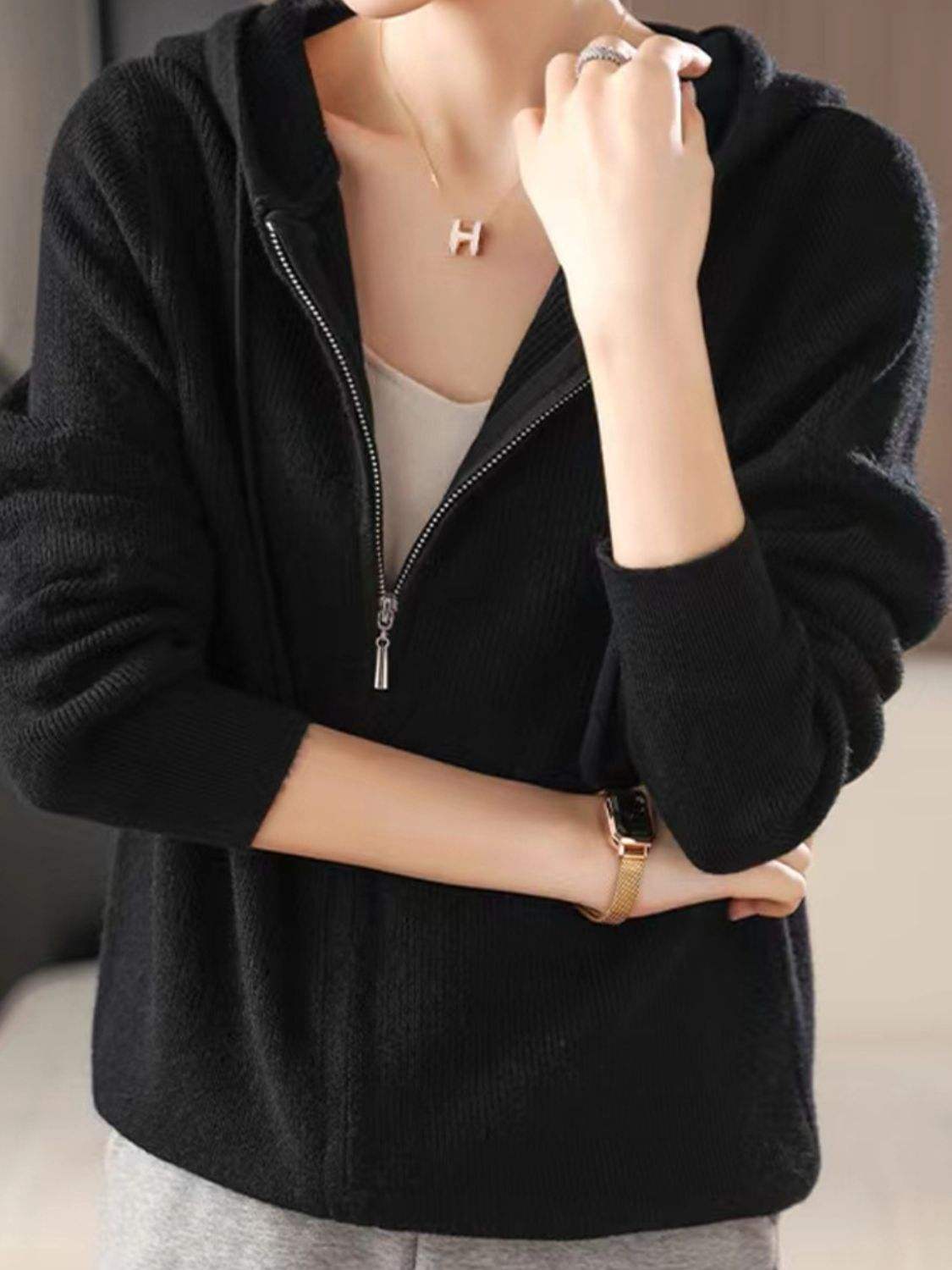 Drawstring Zip Up Long Sleeve Hooded Sweater - Trendsi - Flyclothing LLC