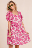 BiBi Printed Square Neck Puff Sleeve Mini Dress - Trendsi