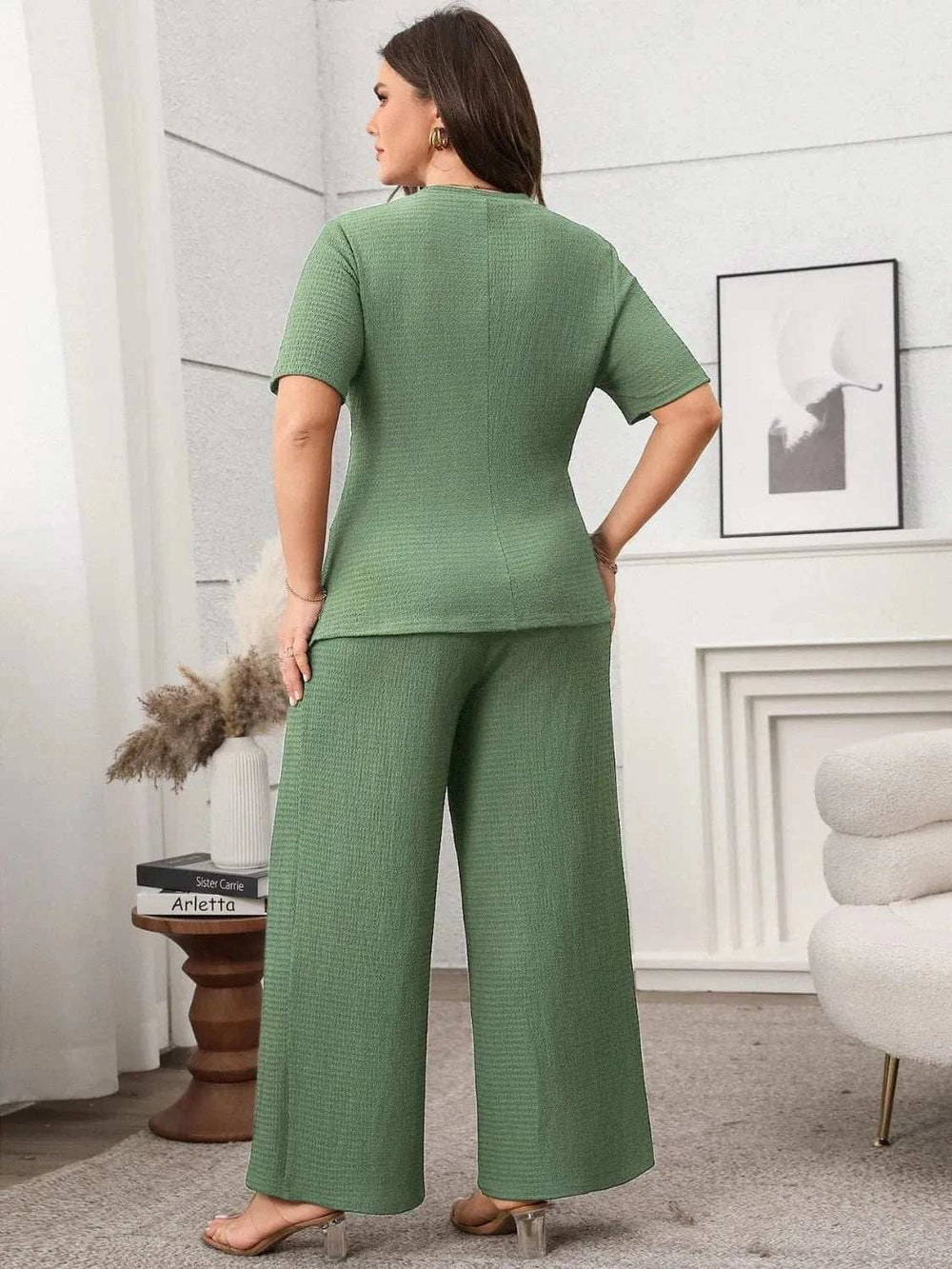 Plus Size Asymmetrical Round Neck Short Sleeve Top and Pants Set - Trendsi - Flyclothing LLC