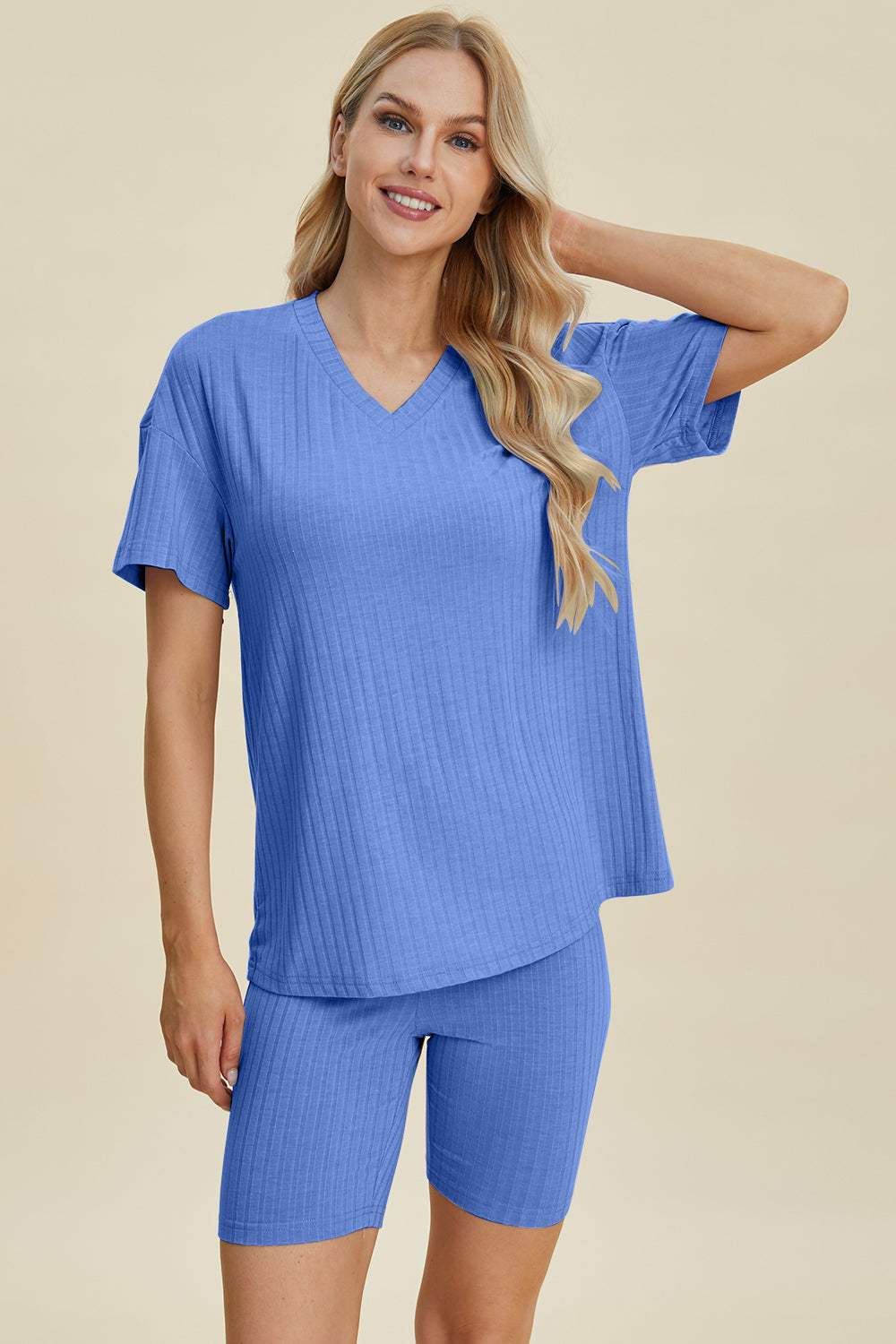 Basic Bae Full Size Ribbed V-Neck Short Sleeve Top and Shorts Set - Trendsi - Flyclothing LLC