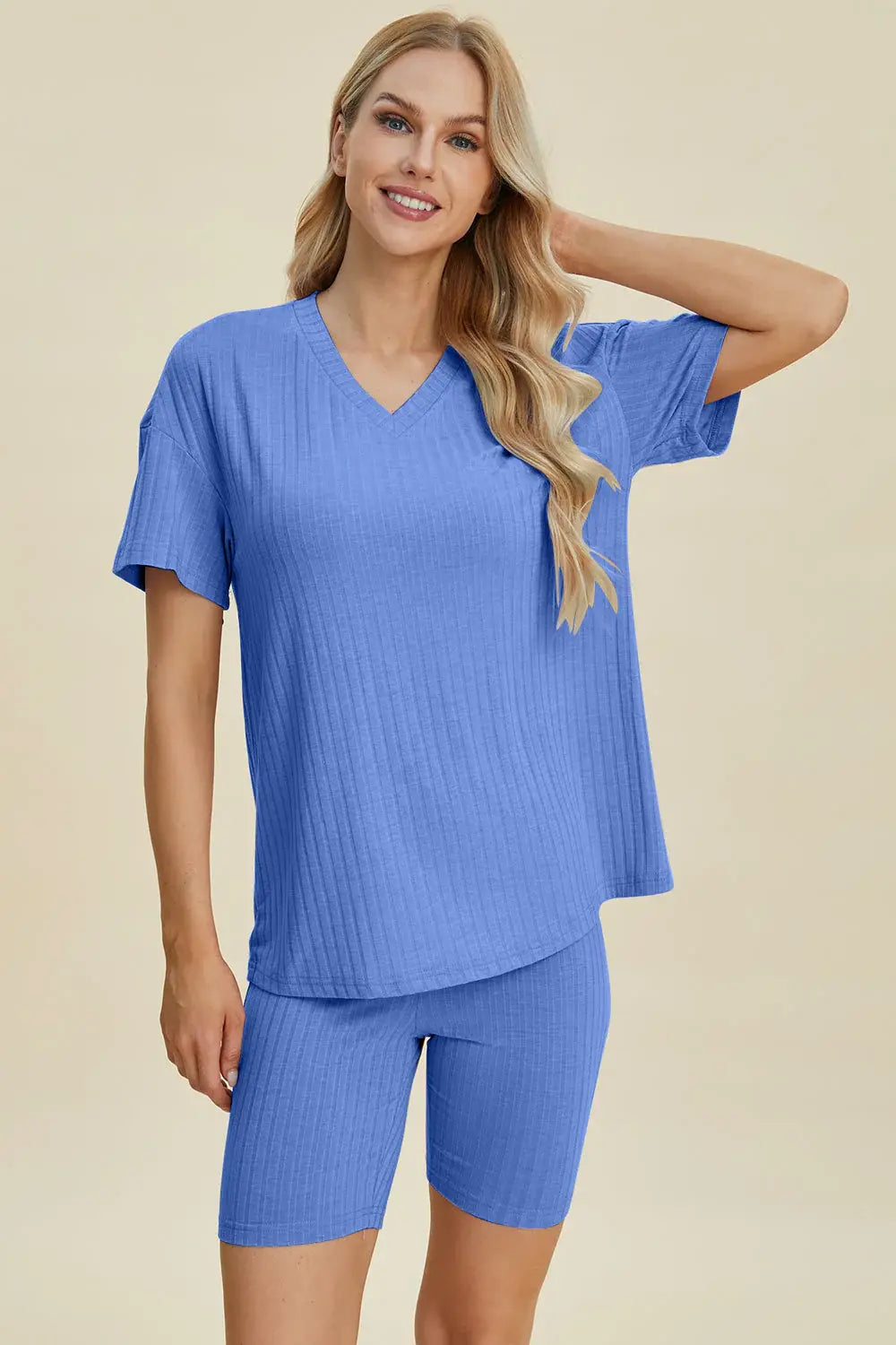 Basic Bae Full Size Ribbed V-Neck Short Sleeve Top and Shorts Set - ShopBasicbae - Flyclothing LLC