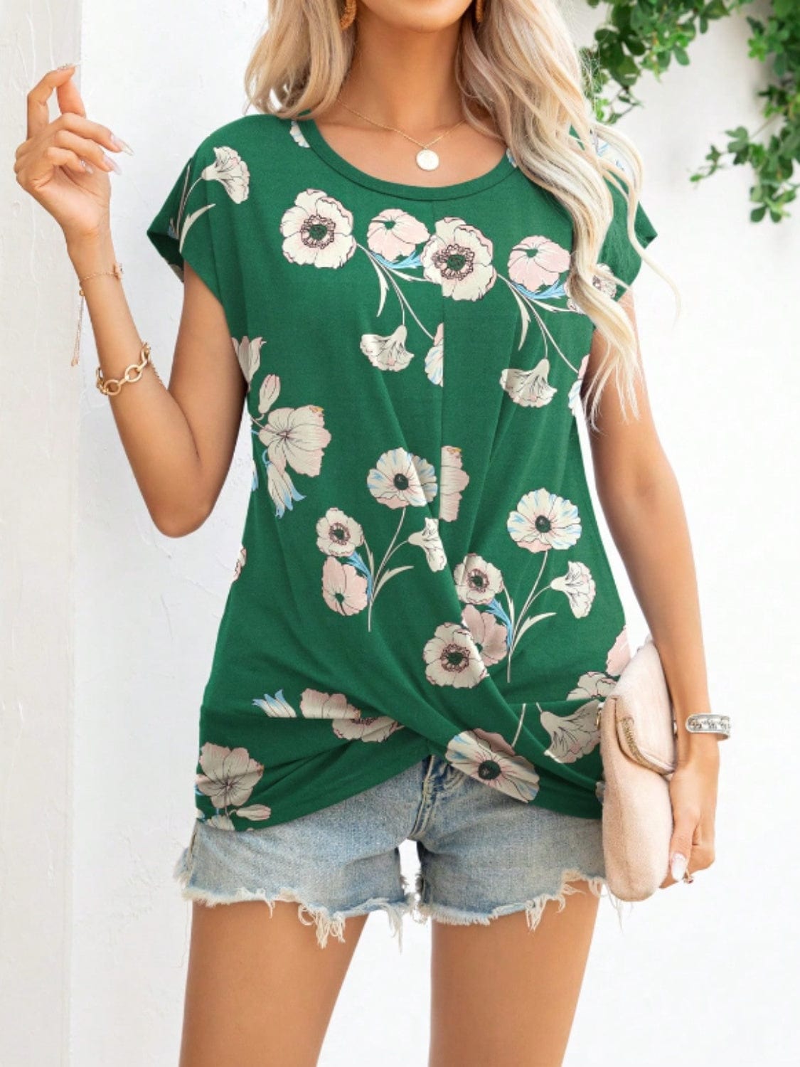 Printed Round Neck Short Sleeve T-Shirt - Trendsi