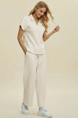 Double Take Full Size Collared Neck Short Sleeve Top and Pants Set - Trendsi - Flyclothing LLC