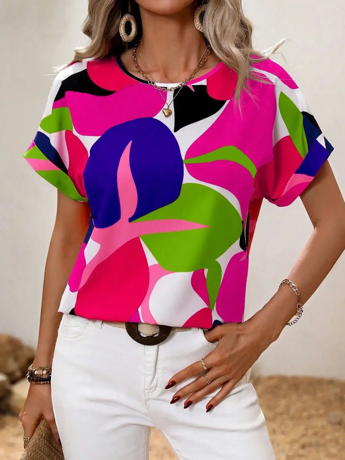 Contrast Round Neck Short Sleeve Blouse - Trendsi - Flyclothing LLC