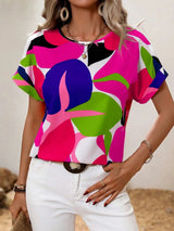 Contrast Round Neck Short Sleeve Blouse - Trendsi - Flyclothing LLC