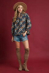 Umgee Abstract Print Ruffle Neck Top - Trendsi - Flyclothing LLC