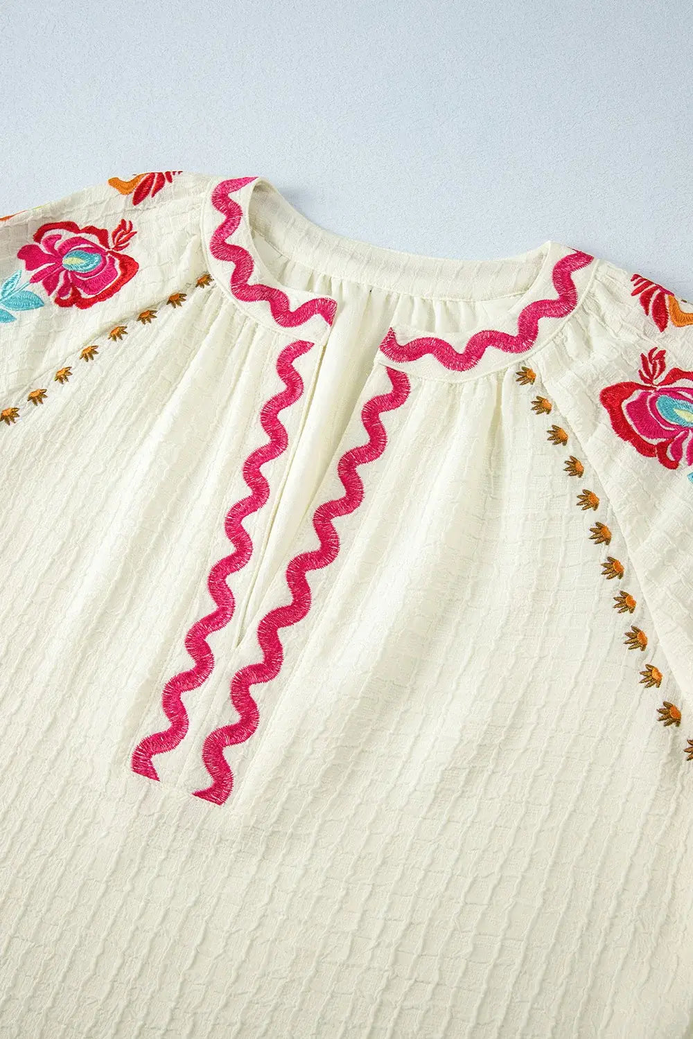 Floral Embroidered Notched Puff Sleeve Blouse - Trendsi - Flyclothing LLC