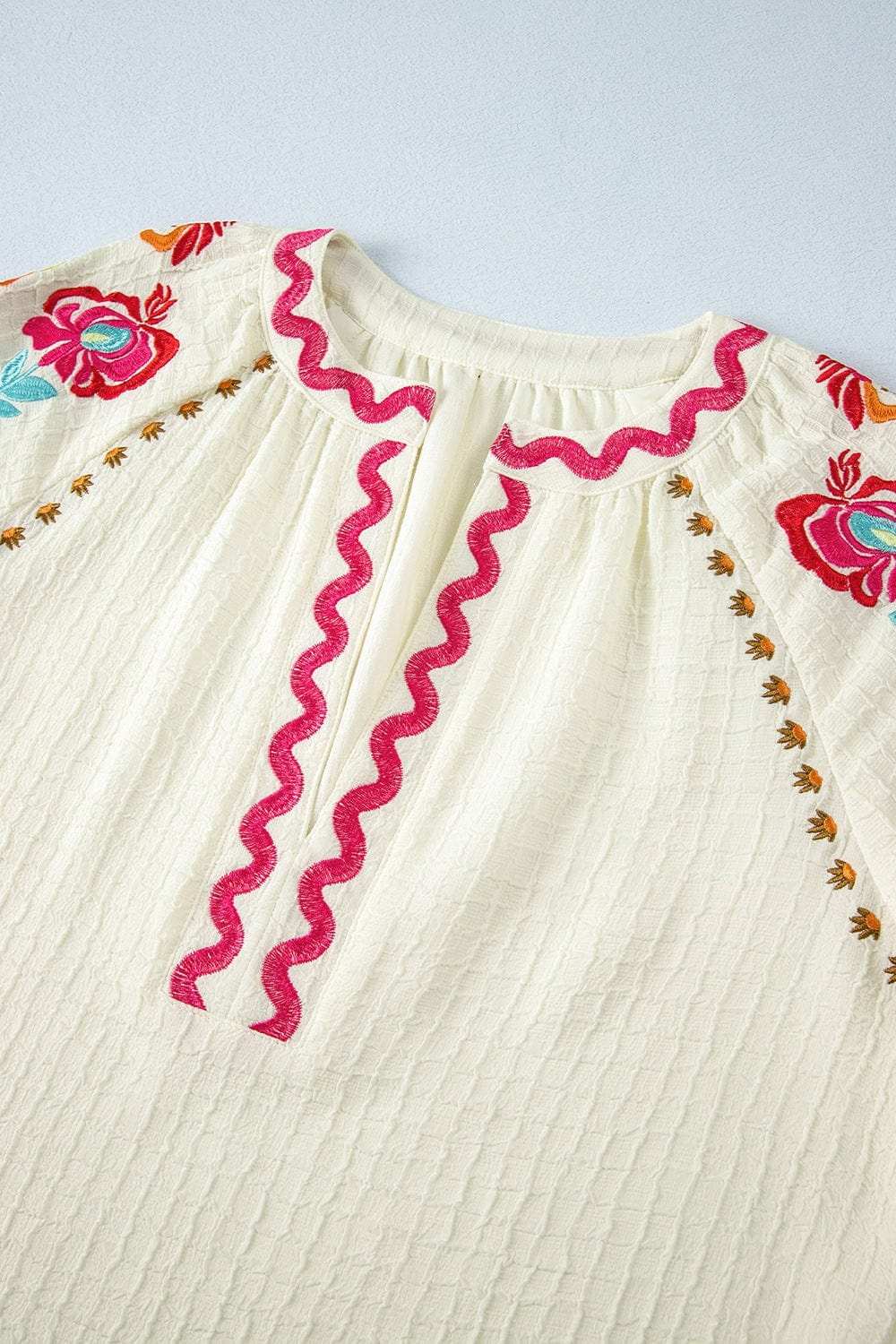 Floral Embroidered Notched Puff Sleeve Blouse - Trendsi - Flyclothing LLC