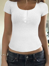 Ribbed Button Detail Round Neck Short Sleeve T-Shirt - Trendsi - Flyclothing LLC
