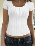 Ribbed Button Detail Round Neck Short Sleeve T-Shirt - Trendsi - Flyclothing LLC
