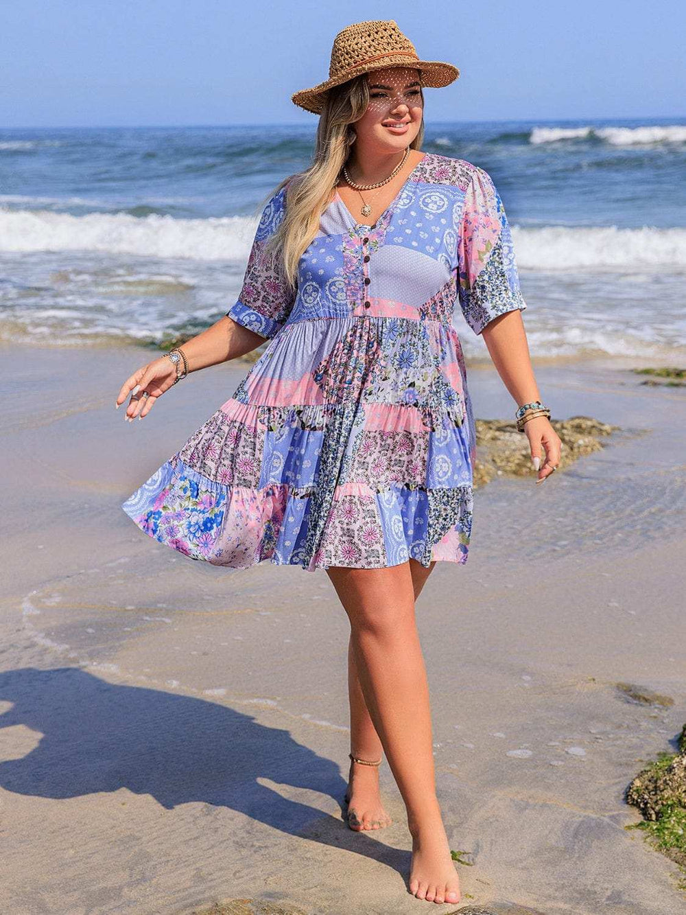 Plus Size Printed V-Neck Tiered Mini Dress - Trendsi - Flyclothing LLC