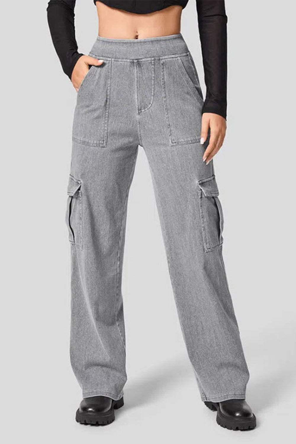 High Waist Straight Leg Cargo Jeans - Trendsi - Flyclothing LLC