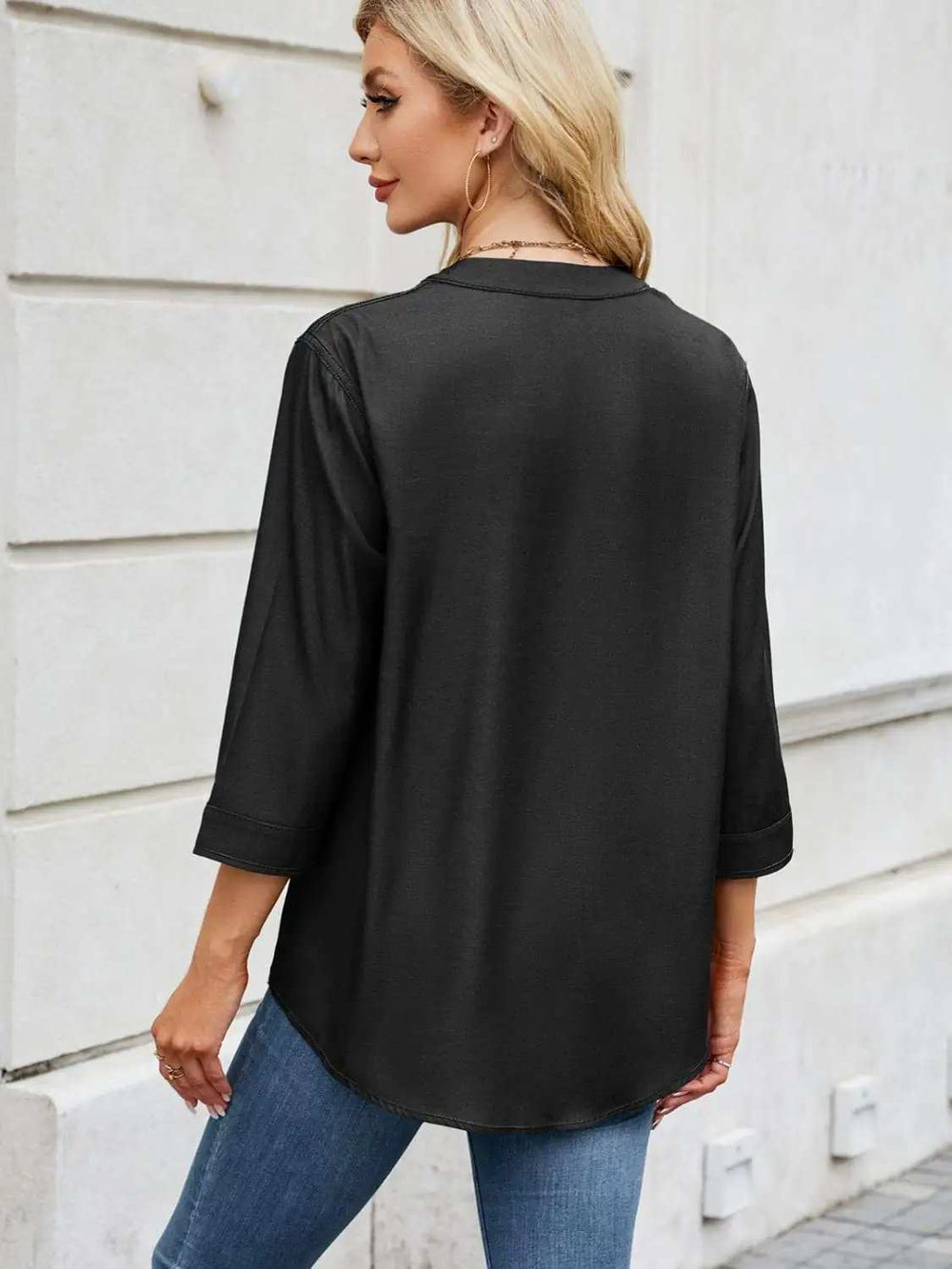 Notched Three-Quarter Sleeve Denim Top - Trendsi - Flyclothing LLC