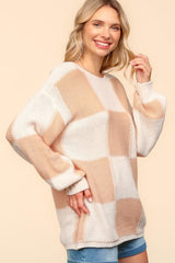 Haptics Full Size Checkered Round Neck Drop Shoulder Sweater - Trendsi