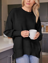 Slit Round Neck Dropped Shoulder Sweater - Trendsi - Flyclothing LLC