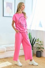 First Love Smile Face Drop Shoulder Brushed Inside T-Shirt - Trendsi - Flyclothing LLC