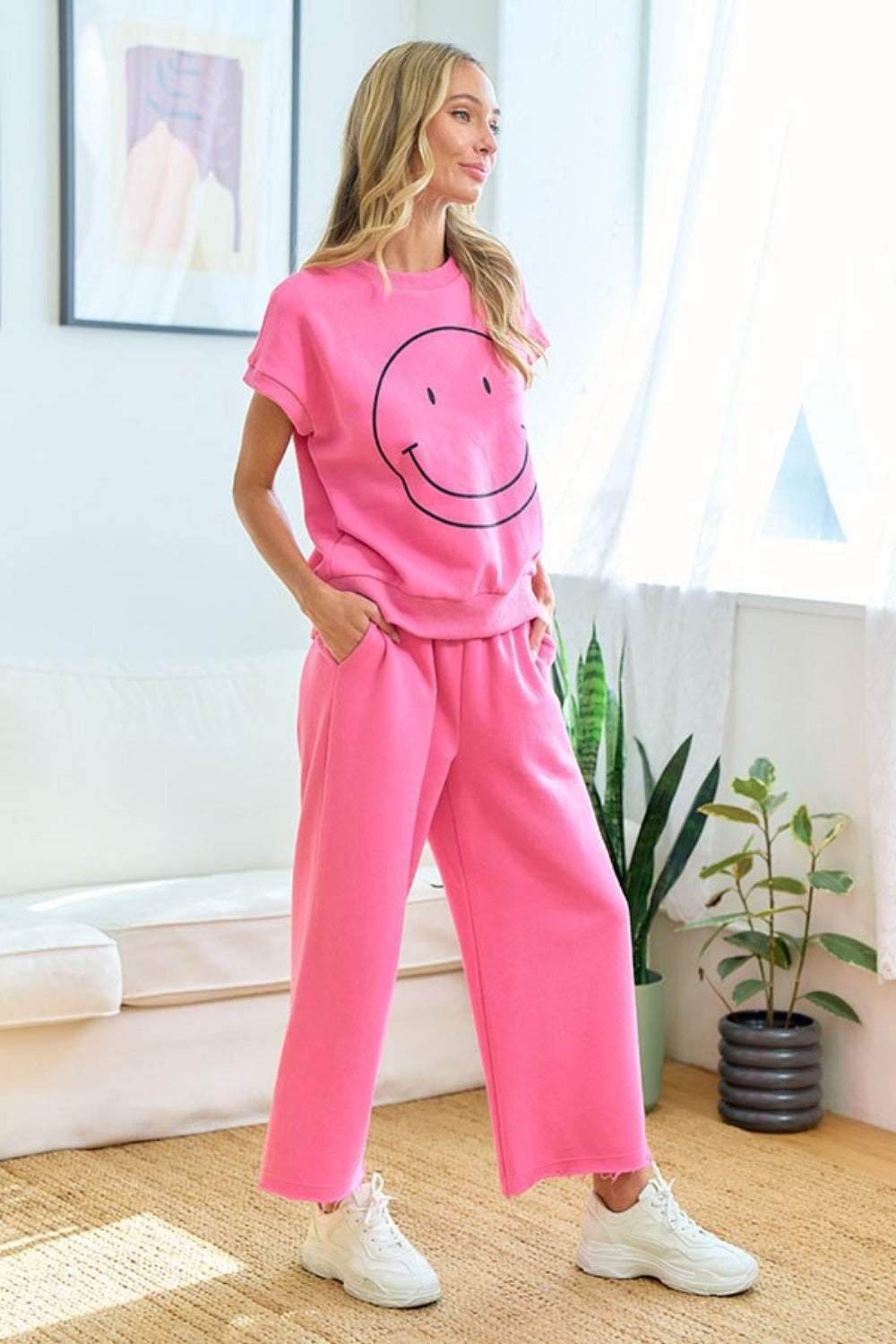 First Love Smile Face Drop Shoulder Brushed Inside T-Shirt - Trendsi - Flyclothing LLC