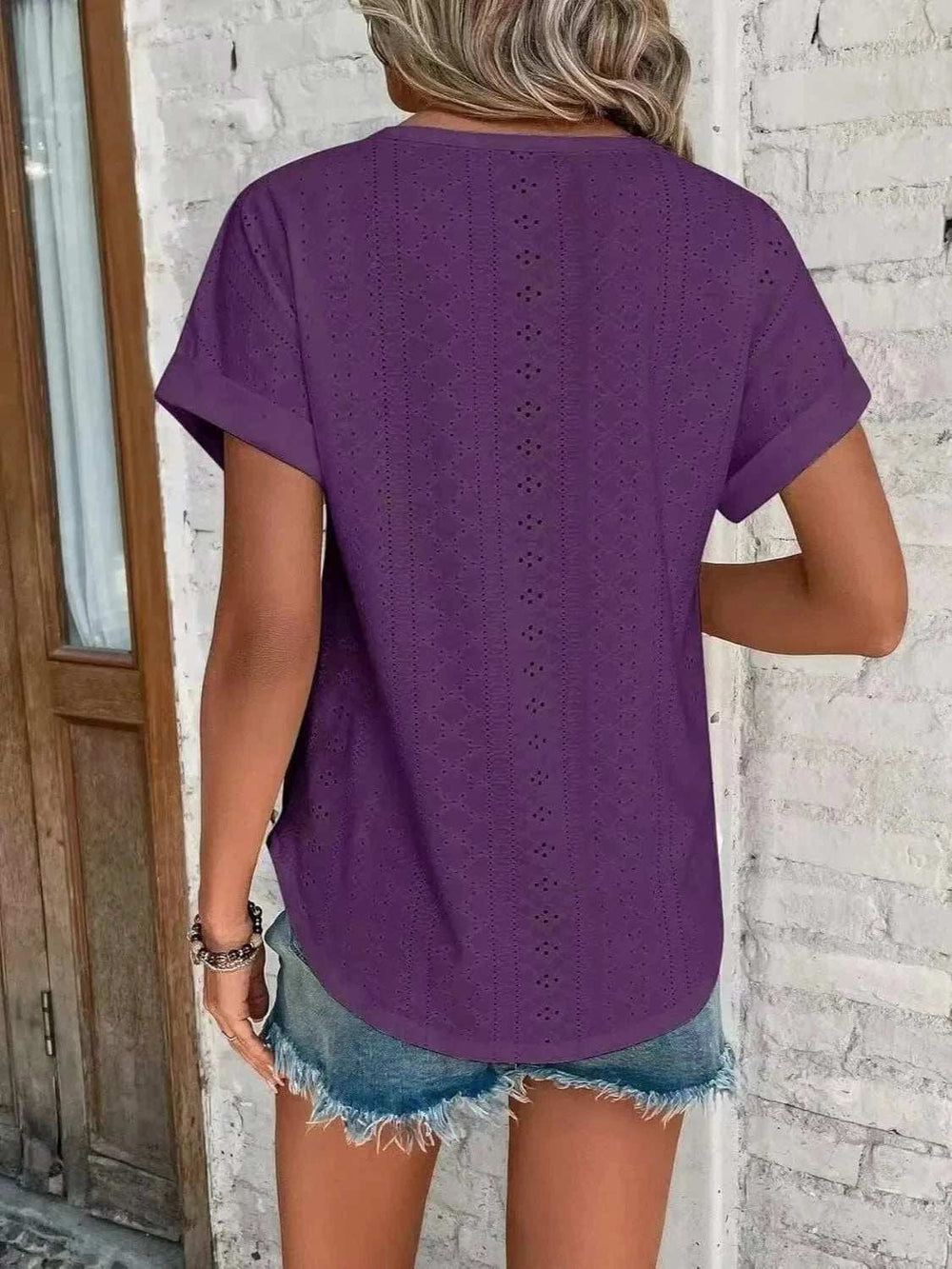 Eyelet Round Neck Short Sleeve T-Shirt - Trendsi - Flyclothing LLC