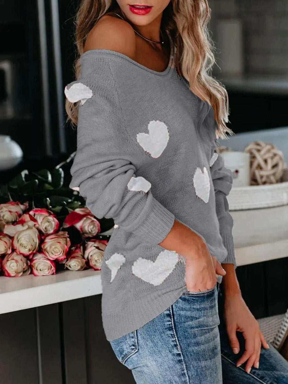 Heart Scoop Neck Long Sleeve Sweater - Trendsi - Flyclothing LLC