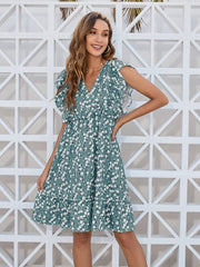 Ruffled Ditsy Floral Surplice Mini Dress - Trendsi