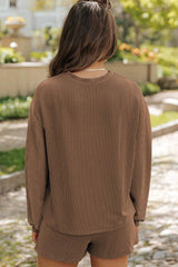 Round Neck Long Sleeve Top and Shorts Set - Trendsi - Flyclothing LLC