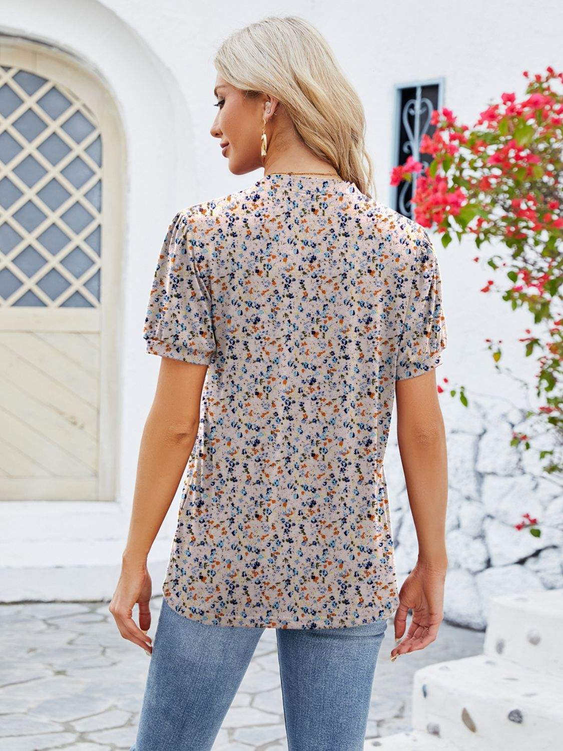 Ruched Printed Notched Short Sleeve Blouse - Trendsi - Flyclothing LLC