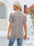Ruched Printed Notched Short Sleeve Blouse - Trendsi
