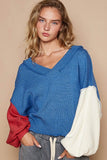 POL Exposed Seam Contrast V-Neck Lantern Sleeve Sweater - Trendsi