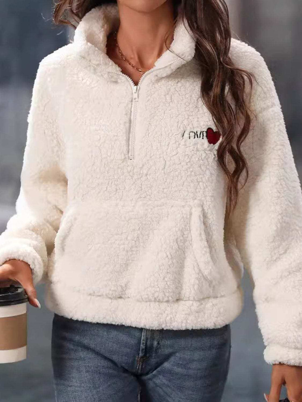 Heart Half Zip Long Sleeve Teddy Sweatshirt - Trendsi - Flyclothing LLC