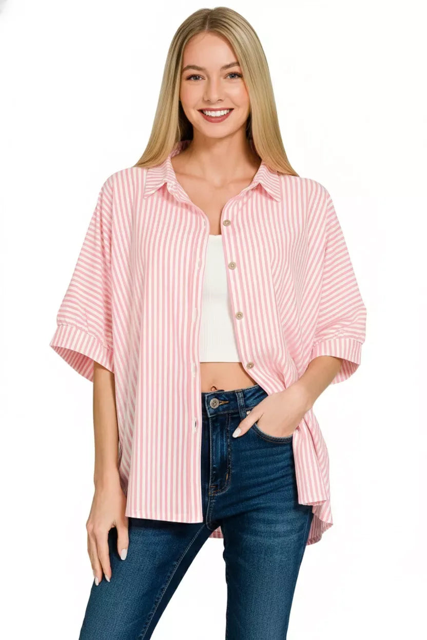 Zenana Oversized Stripe Button Down Shirt - Trendsi - Flyclothing LLC
