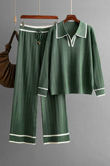 Contrast Trim Johnny Collar Top and Drawstring Pants Sweater Set - Trendsi - Flyclothing LLC