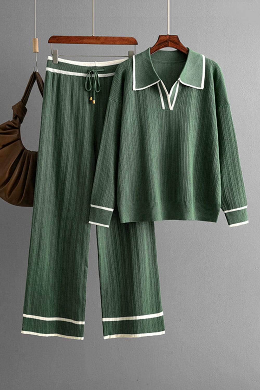 Contrast Trim Johnny Collar Top and Drawstring Pants Sweater Set - Trendsi - Flyclothing LLC