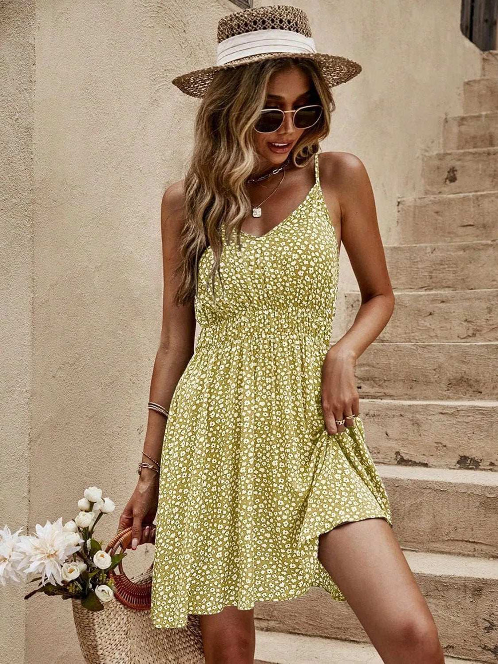 Floral V-Neck Mini Cami Dress - Trendsi - Flyclothing LLC